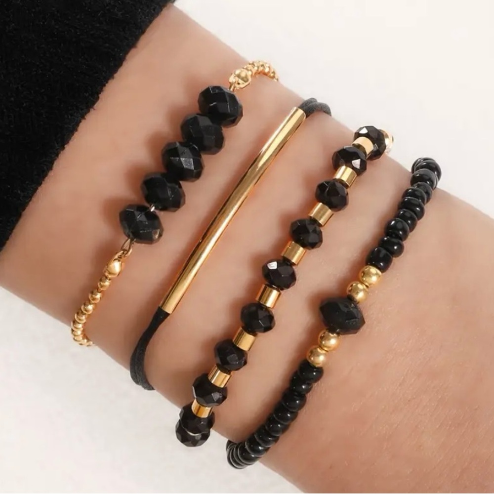 4pcs Boho Bracelet Set Black Gold Beaded Gift-Ready Elegant Daily Jewelry